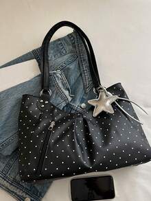 Nicekee Contrasting Polka Dot Pleated Tote Bag, Paired With Star Hanging Decorations, Large Capacity Casual Versatile Shoulder Bag, Suitable Commuting - Multicolor - View 10