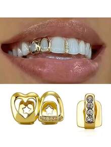 Gold Grillz Set, Hollow Heart Shape, Made Of Cubic Zirconia, Suitable For Daily Wear And Valentine's Day Gift, Hip-Hop Style, Teeth, Teeth Cleaning Tool, Travel Toothbrush - Multicolor - View 1