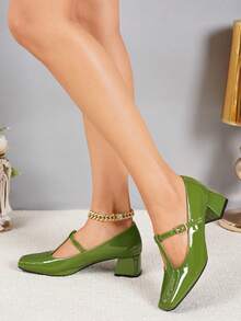 French Style Glossy Square Toe T-Strap Women's Shoes With Adjustable Buckle Design, 4.5cm Chunky Heel, Comfortable For Long Wear, Versatile For Work And Parties - Green - View 5