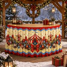 1pc Polyester Christmas Circus Tent Carousel Drum Big Bow Star Ribbon Daisy Wreath Vintage Carnival Wavy Edge Printed Tablecloth Table Skirt Decoration, Suitable For Holiday Party, Cafe, Buffet, Banquet, Retail Stall, Holiday Reception Counter Decoration - A - View 1