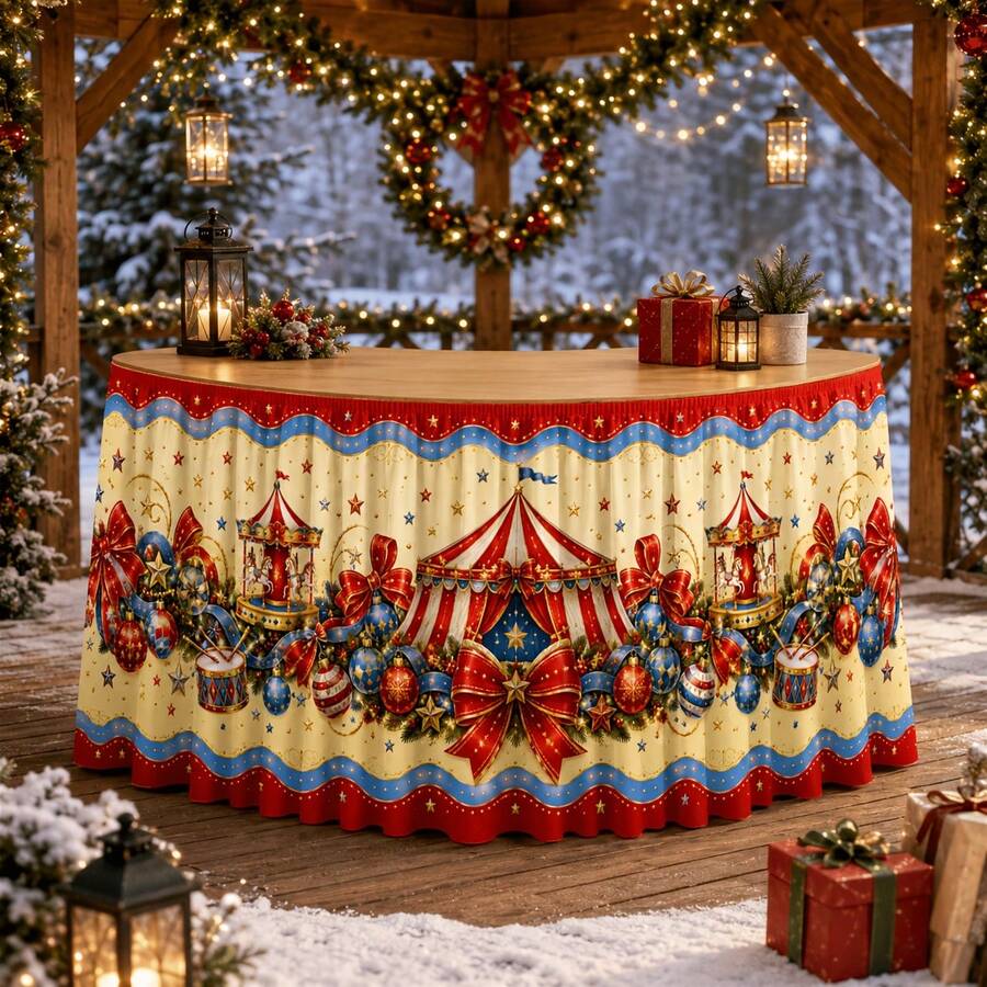 1pc Polyester Christmas Circus Tent Carousel Drum Big Bow Star Ribbon Daisy Wreath Vintage Carnival Wavy Edge Printed Tablecloth Table Skirt Decoration, Suitable For Holiday Party, Cafe, Buffet, Banquet, Retail Stall, Holiday Reception Counter Decoration - A - View 1