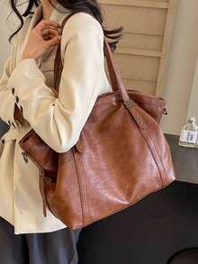 Women's Vintage Tote Bag, Star Studded Decor Large Capacity Shoulder Bag, Detachable Strap Crossbody Handbag - Brown - View 4