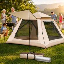 Casa de Campaña, 4~5 Personas tienda de campaña impermeable, camping tent Portátil, con Almohadas inflables, colchonetas y tapetes para picnic, Adecuado para picnics/montañas/playa/parque Grande - Beis - Ver 2