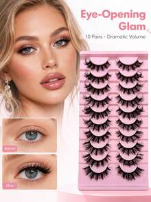 10 Pairs False Eyelashes, Soft Natural Fiber, Long Curly Voluminous, Portable Lightweight, Suitable For Daily Commute Makeup - View 3
