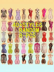 Plus Size Lingerie 8-Piece Random Assortment Set, Random Colors, Women's Sexy Mesh Dress, Hollow Design, Open Crotch Bodycon Bodysuit, Sexy Fishnet Teddy, Category: Plus Size Lingerie Bodysuit, Bodystocking - Multicolor - View 4