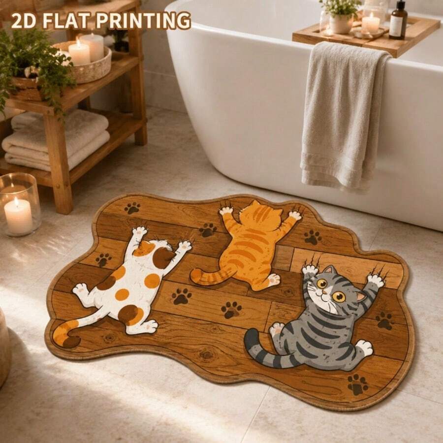 1PC Cartoon Cat Bathroom Mat, Soft Dirt-Resistant Non-Slip Sink Foot Mat, Fun Cat Paw 2D Flat Print Wood Texture Carpet, Machine Washable Bedroom Bedside Rug, Creative Home Decor For Cat Owners, Entryway Door Mat With Dotted Non-Slip Bottom - Multicolor - View 1