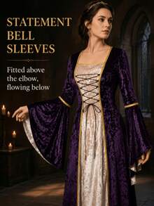 Halloween Cosplay Costume Witch Outfit Women Vampire Costume Lady Medieval Queen Costume Gold Velvet Robe Long Sleeve Renaissance Dress Lace-Up Corset - Purple - View 5