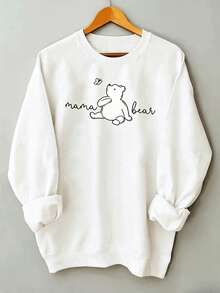 Women's Casual Fleece-Lined Sweatshirt - Heather Gray With Cute Line Art Bear & "Mama Bear" Text, Ribbed Cuffs, Relaxed Fit, Machine Washable - 白色 - 查看 1