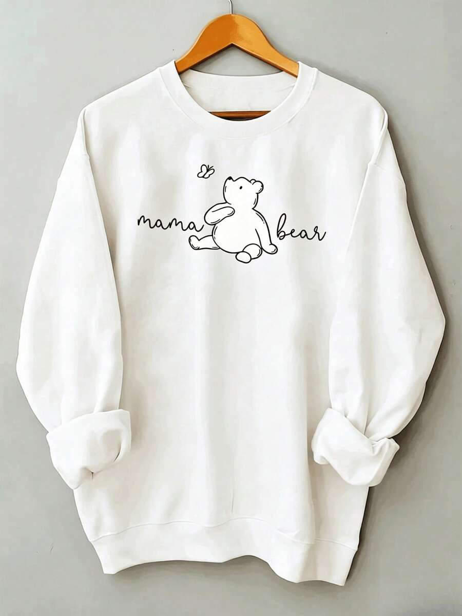 Women's Casual Fleece-Lined Sweatshirt - Heather Gray With Cute Line Art Bear & "Mama Bear" Text, Ribbed Cuffs, Relaxed Fit, Machine Washable - 白色 - 查看 1