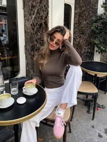 Sookaug Minimalist Old Money Style Semi-High Neck Knit Base Layer Top, Deep Brown Long Sleeve Slim Fit Flattering Autumn/Winter Sweater - Coffee Brown - View 10