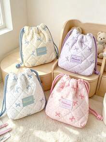 Cute Bowknot Quilted Drawstring Bag, Soft Fabric Portable Storage Pouch, Suitable For Baby Small Items, Cosmetics - View 5