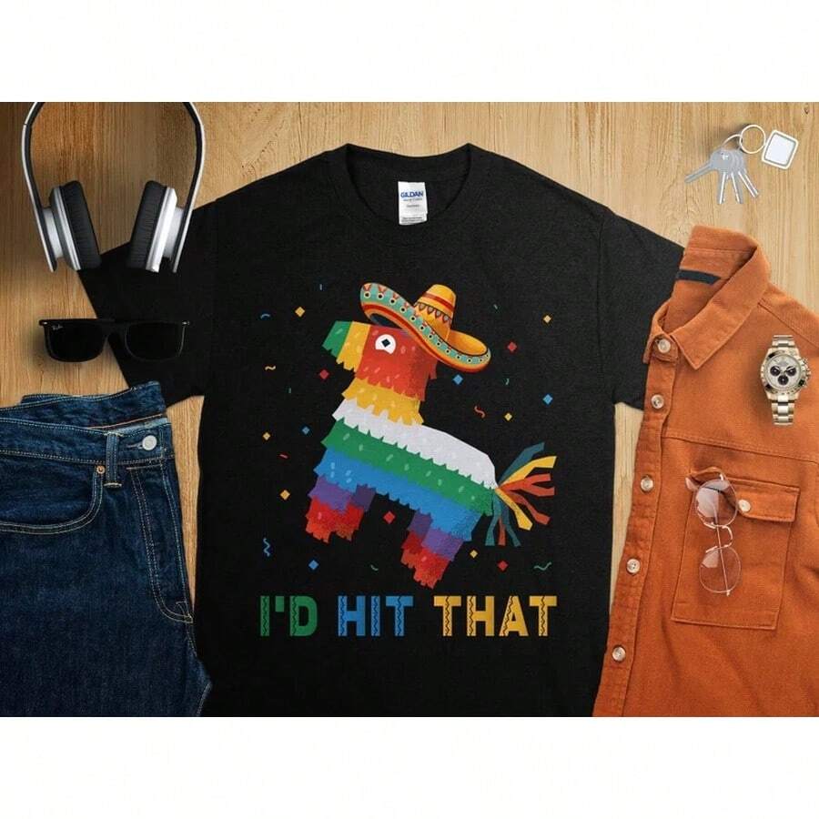 I'd Hit That Shirt, Funny Party T-Shirt, Birthday Fiesta Tee, Piñata Humor - 黑色 - 查看 1