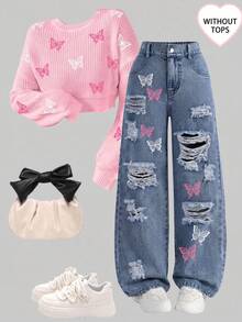 1pc Tween Girl Tween Girl Denim Jeans, Casual Streetwear Sweet Cool Butterfly Pattern Ripped Distressed Y2K Versatile Snowflake Wide Leg Straight Leg Pants - Medium Wash - View 1