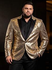 Plus Size Men's Glamorous Disco Sequin Blazer, Nightclub Stage Performance - Gold - View 1