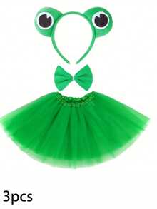 4pcs Or 3pcs Green Cute Costume Set, Includes 3D Headband, Belt And Tail Mesh Chiffon Skirt, Suitable For Birthday Party, Stage Performance And Other Occasions, Halloween - Multicolor - View 7