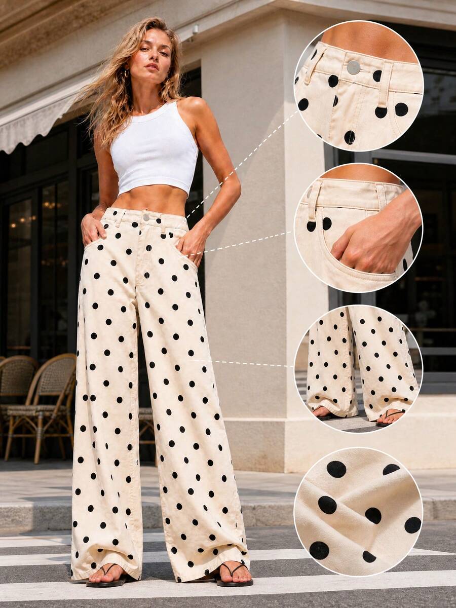 UMINOW Women's Polka Dot Print Woven Straight Leg Pants, Casual Daily Versatile White - White - View 1