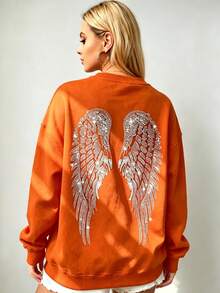 Women's Oversized Angel Wings Print Hoodie - Black Y2K Back Graphic Pullover,  Fall Winter  Streetwear , Comfy Oversized Silhouette2026 - 橙色2 - 查看 1