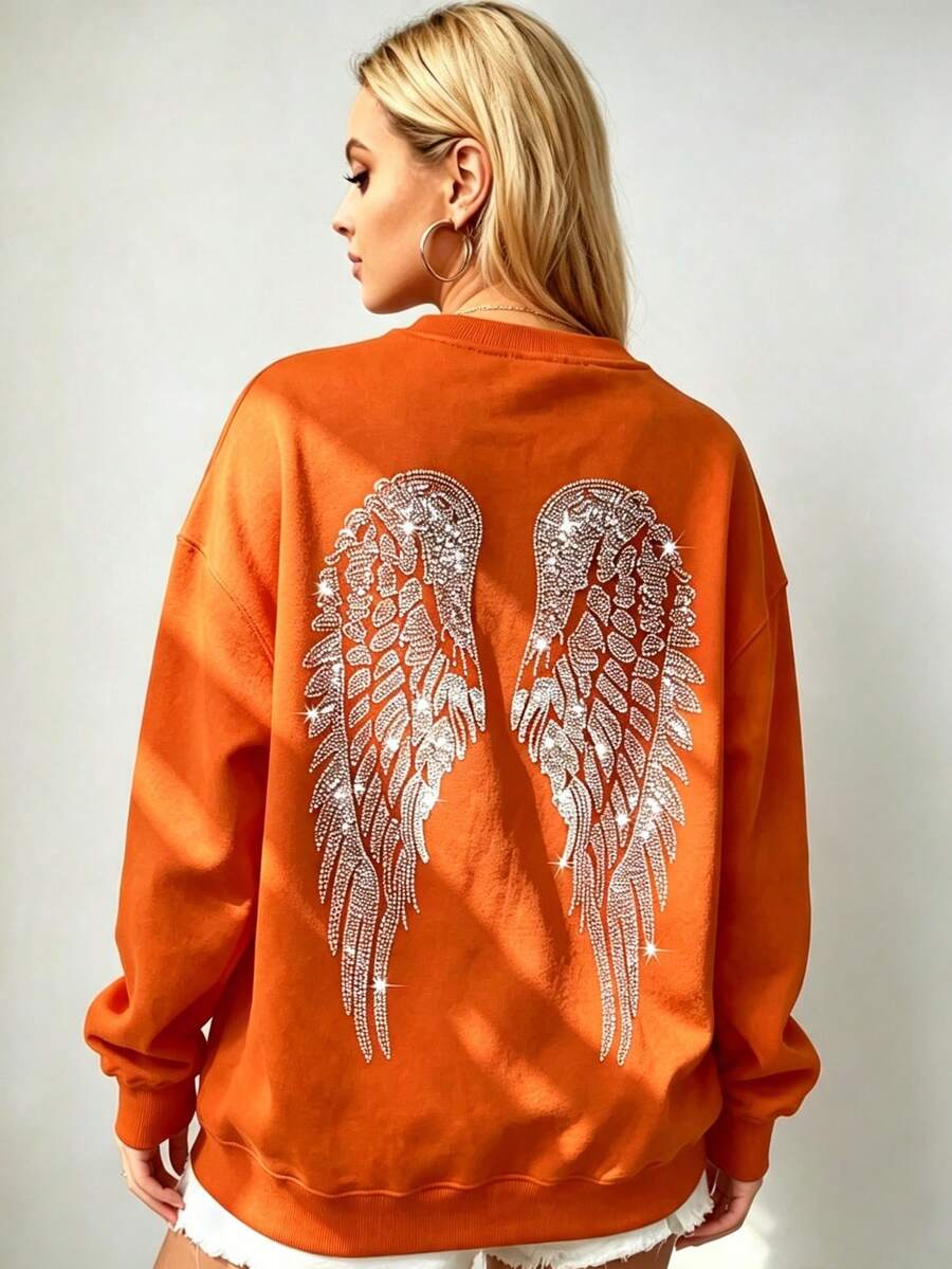 Women's Oversized Angel Wings Print Hoodie - Black Y2K Back Graphic Pullover, Fall Winter Streetwear , Comfy Oversized Silhouette2026 - 橙色2 - 查看 1