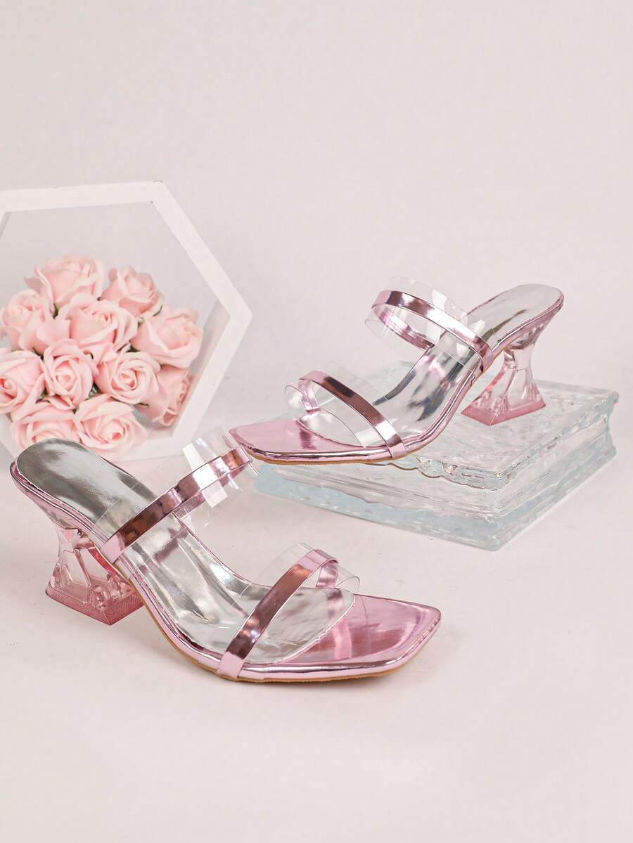1 Pair Women Casual Silver Pointed Toe Mid Heel Mules, Rhinestone & Pearl Decor Slip On Dress Shoes - Pink - View 1