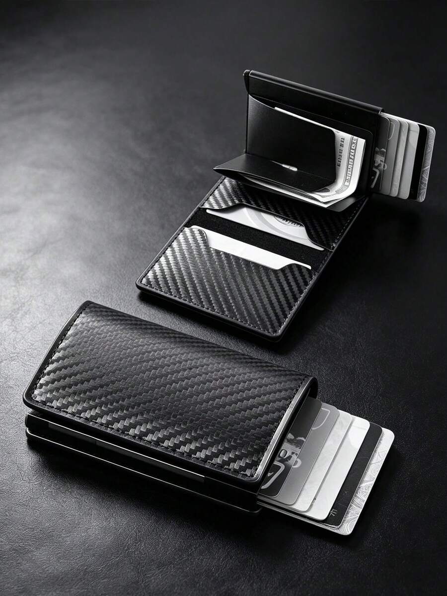 6/1pc Men's Slim RFID Wallet, Auto-Eject Card Holder, Black Aluminum Alloy, Solid Plain, Lightweight, All-Season Casual, For Daily Commute.