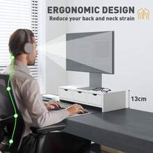 Dual Monitor Stand Riser With 2 Drawers, Adjustable Length And Angle, 116cm Monitor Riser Laptop, Computer, PC, Small Printer, Black - White + Engineered Wood - View 5