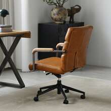 Office Chair Leather Brown - Wooden Arms - Brown - View 7