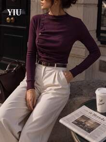 YIU Women's Burgundy Knit Long Sleeve Mock Neck Fitted Top, Button Detail Design, Suitable For Autumn Wear, Casual And Daily Use - Purple - View 2