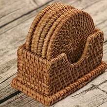 1/6pcs Handmade Rattan Coasters - Autumn Vine Pattern, Heat-Resistant Kitchen & Dining Coasters, Wooden Tea Set Storage Accessories, With 1 Woven Storage Accessory, Designed For Kung Fu Tea, Can Be Used As Heat Insulation Pads, Great Home Gift - Brown - View 1