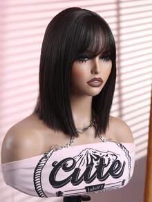 Halloween Straight Hair Wig With Bangs 10 Inch Black-Brown/12Inch Blonde Highlight,Rose Mesh Hat,Suitable For Women,Aesthetic Synthetic Hair Wig,Wig Suitable For Halloween,Suitable For All Races,Retouch Your Face,Perfect Halloween Cosplay Essential - Multicolor - View 13