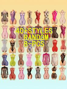 Plus Size Sexy Lingerie Set, Random 40pcs Select 8pcs Combination, Random Color, Women's Sexy Mesh Dress, Hollow Design, Open Crotch Bodycon Jumpsuit, Sexy Fishnet Strappy Lingerie - Multicolor - View 4