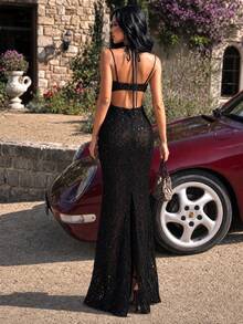 UNITHORSE Neck Tie Backless Pleated Sequin Dress - Black - View 5