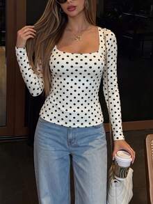 Happyevery Women's Autumn/Winter Minimalist Commute Outfit Contrast Color Polka Dot Print Pullover T-Shirt, Suitable For Back To School, Teacher's Day, Office Commute, Daily Casual, Everyday Wear, Beach Vacation, Beach, Holiday, Birthday Party - White - View 2