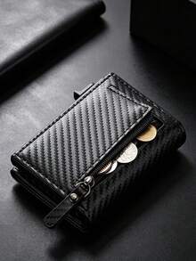 3/1pc Men's Carbon Fiber PU Pop‑Up Wallet, Zipper Coin Pocket Trifold Purse, Multi‑Card Slots Slim Purse For Business Daily Use - Multicolor - View 7