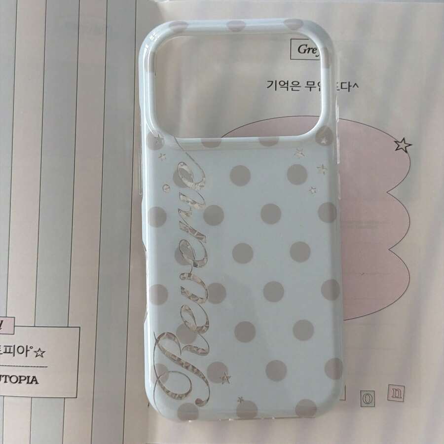 1 Piece Of Korean Light Gray Polka Dot English Star Phone Case, Simple And Compatible With Apple 17 Promax/16/15pro - Blue - View 1