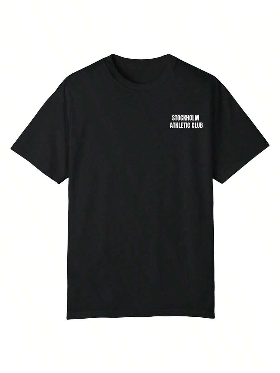 Minimalist Text, Women's 100% Cotton T-Shirt, Stockholm Athletic Club, Black Short Sleeve, Summer Casual, Top, Casual Crew Neck Oversize Teeunisex Vin - Black - View 1