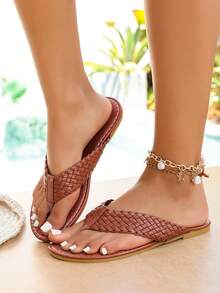 Women's Fashion Beach Flat Flip Flop Sandals, Casual Stylish Outdoor Wear, Summer Sandals, Minimalist Design, Round Toe, Versatile Fairy Style Women's Shoes - Brown - View 4
