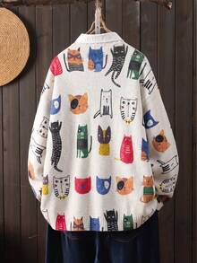 Women's Animal Print Knit Cardigan, Decorated With Cute Cat Print And Button Details, Autumn Outfit, Casual Style Outfit, Office Outfit. Fall - Apricot - View 6