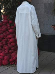 Women's Loose Casual Long Sleeve Collared Long Striped Shirt Dress, Striped Front Button-Down, Daily & Date - White - View 3