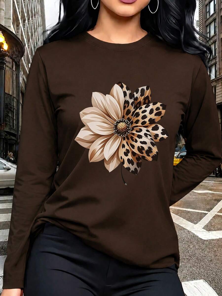 Leopard Print Patchwork Floral Pattern Crew Neck T-Shirt For Women, Autumn Long Sleeve Loose Fit Crew Neck Top, Suitable For Casual Commute Wear - Coffee Brown - View 1