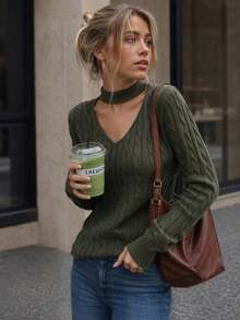 2026 New V-Neck Halter Knit Sweater For Women, Slim Fit Flattering Ribbed Base Layer Top - Dark Green - View 1