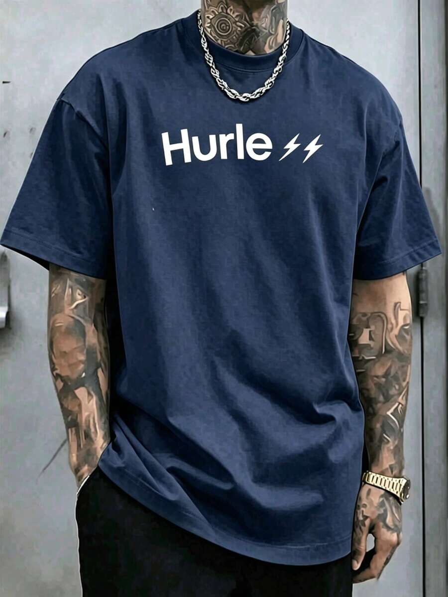 Men's Hurley Graphic T-Shirt - Navy Blue With White Logo Print, Vintage-Inspired Cotton Tee, Comfort & Fade-Resit Ink, For Beach Or Street Style-L88 - 藏藍色1 - 查看 1
