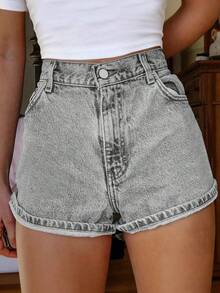 Teen GirlNon-Stretch Denim Shorts With Pockets And Embroidery, For Students - Light Grey - View 2