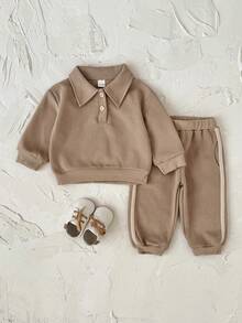 2Pcs/Set Korean Style Minimalist Baby Polo Collar Long Sleeve Sweatshirt & Side Stripe Jogger Pants Set, Unisex - Khaki - View 5