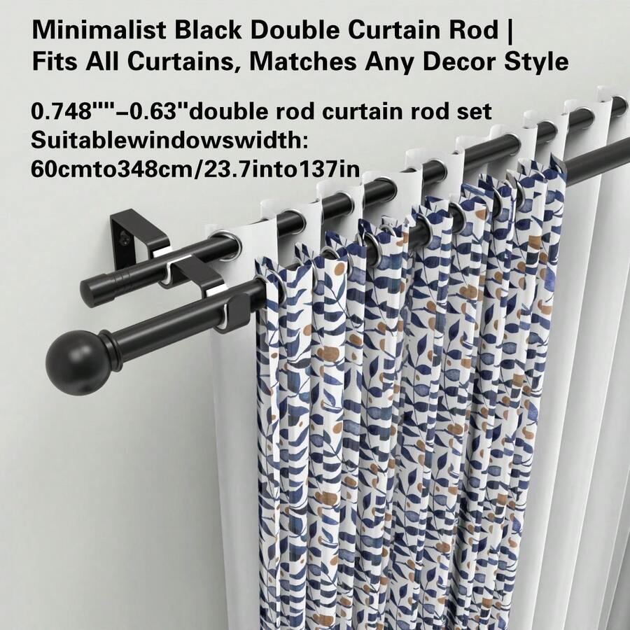 Home Decor, Black Double Curtain Rod Set, 0.748 Inch - 0.63 Inch Double Rod Combination, Length 60 Inch - 142 Inch, Wall Mounted, Sturdy And Durable, Metal Iron Material. Can Install Sheer Curtains And Blackout Curtains, Classic Decorative Finials, Suitable For Living Room, Bedroom, Kitchen, Farmhouse, Dining Room Or Office.