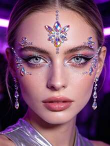 2 Peças Adesivos de Strass para Rosto Estilo Fada Sereia Y2K que Brilham no Escuro, Cristais Faciais Iridescentes Brilhantes na Noite Preta, Joias Faciais Autoadesivas e à Prova d'Água, Adequadas para Carnaval, Festival EDM, Halloween, Maquiagem de Festa em Boate - Multicolorido - Visão 5