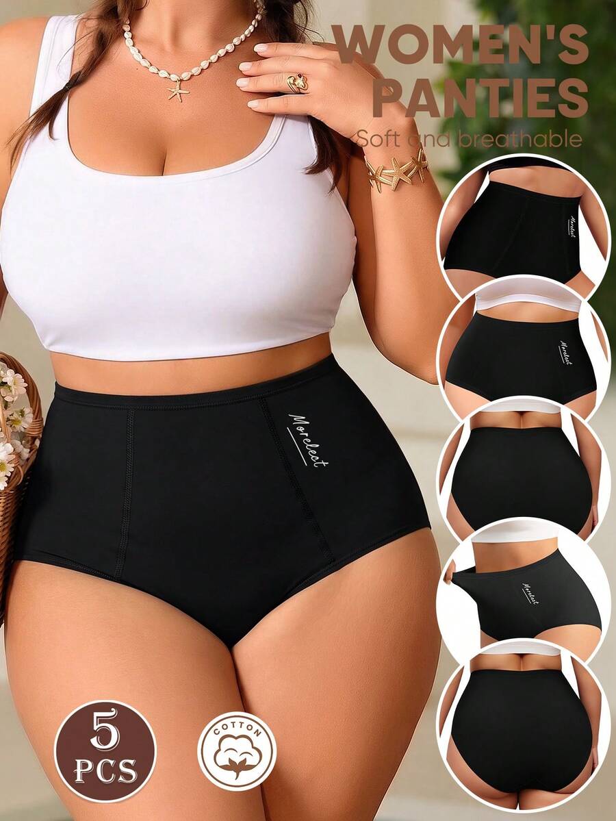 MEIYATING 5pcs Plus Size Women's High Waist Tummy Control Cotton Comfortable Daily Triangle Panties With English Print