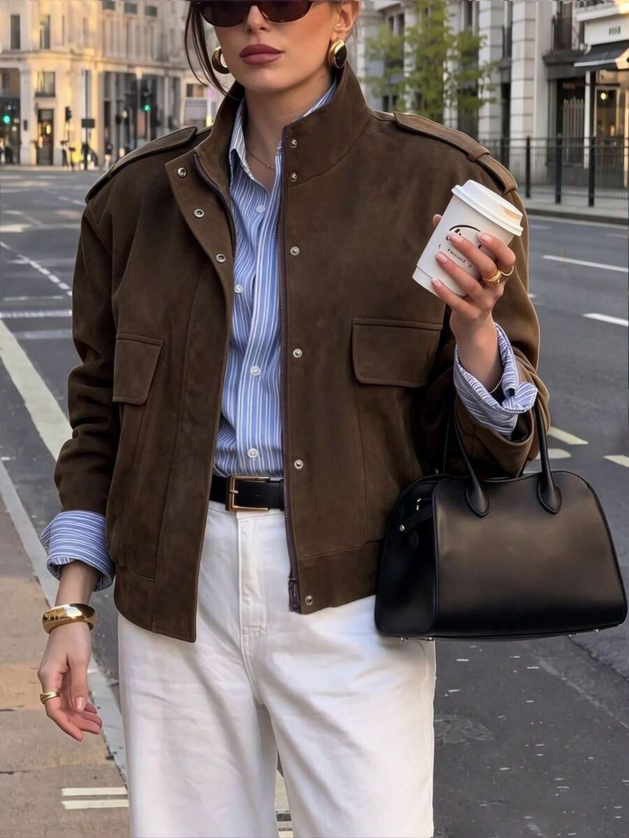 Women's Brown Faux Suede Loose Jacket, Stand Collar Zipper Utility Top, Vintage Street Coffee Style, Autumn/Winter Old Money Casual Jacket Fall - Brown - View 1