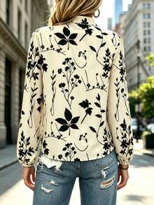 Fashionable Women's Printed Polyester Shirt, Lantern Sleeves, Open Collar, Button Details, Regular Length Shirt Vacation - Multicolor - View 2