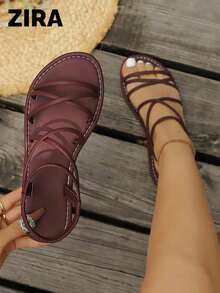 Zira2026 Women's Round Toe Closed Toe Thin Strap Metal Buckle Back Strap Flat Sandals, Minimalist Casual Style - Burgundy - View 2