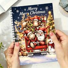 A5 Notebook Featuring A Holiday Design With Santa Claus And Reindeer, Designed With Reindeer Red Vintage Truck Winter, 25 Sheets (50 Pages) Perfect For Holiday Gifts, Notes, And Guides, Adorned With A Charming Snowy Village Motif - Rectangle - View 2